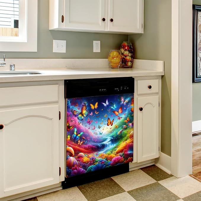 Dishwasher Magnet Cover Animal Rainbow Butterfly Dishwasher Decorative Cover Front Dishwasher Door Cover Reuseable Dishwasher Cover Panel Decal for Kitchen Refrigerator Home Appliances 23" X 26"