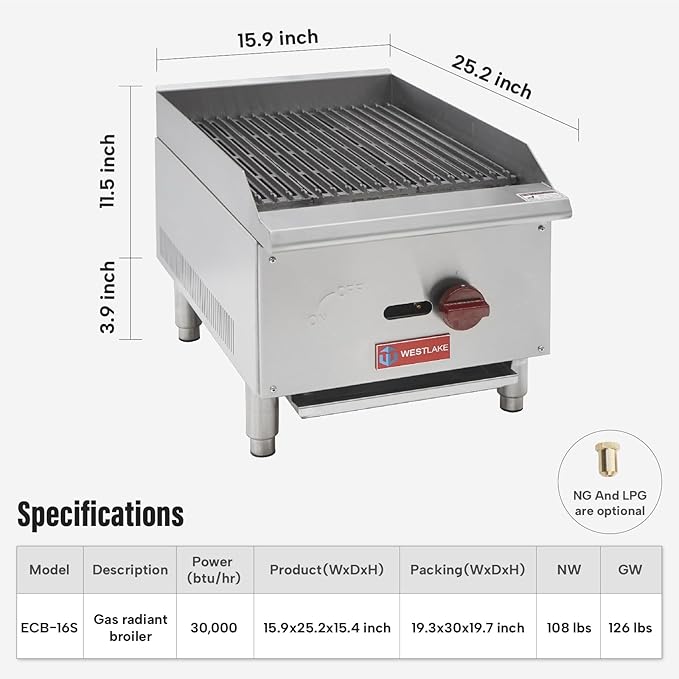 WESTLAKE 16"W Commercial Charbroiler Gas Countertop Single Burner Natural Gas and Propane 30,000 BTU Char Broiler Stainless Steel BBQ Stove Grill for Restaurants