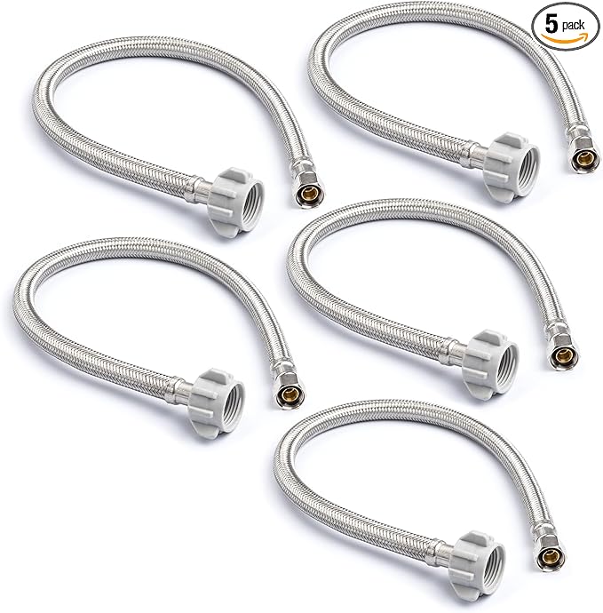 Stainless Steel Braided Water Connectors with Reinforced PVC Inner Hose for Toilets, 3/8" Compression x 7/8" Ballcock, 12" Length (5Pack)