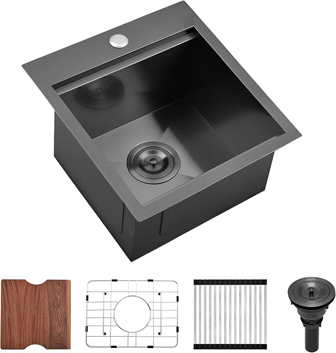 Scamall 15x17x9 Drop In Kitchen Sink Workstation, Nano Black 304 Stainless Steel Deep Single Bowl with Quick Drainage & Tarnish-Free Surface for Bar, Laundry, RV, Includes Accessories