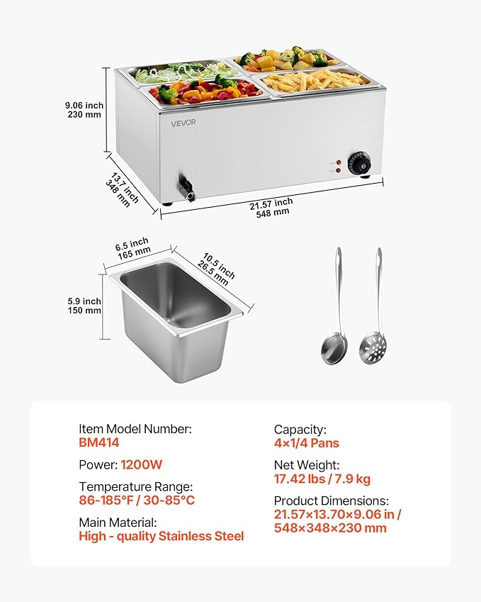 VEVOR 4-Pan Commercial Food Warmer, 24QT Electric Steam Table, 1200W Professional Countertop Stainless Steel Buffet Bain Marie with 86-185°F Temp Control for Catering and Restaurants, Silver