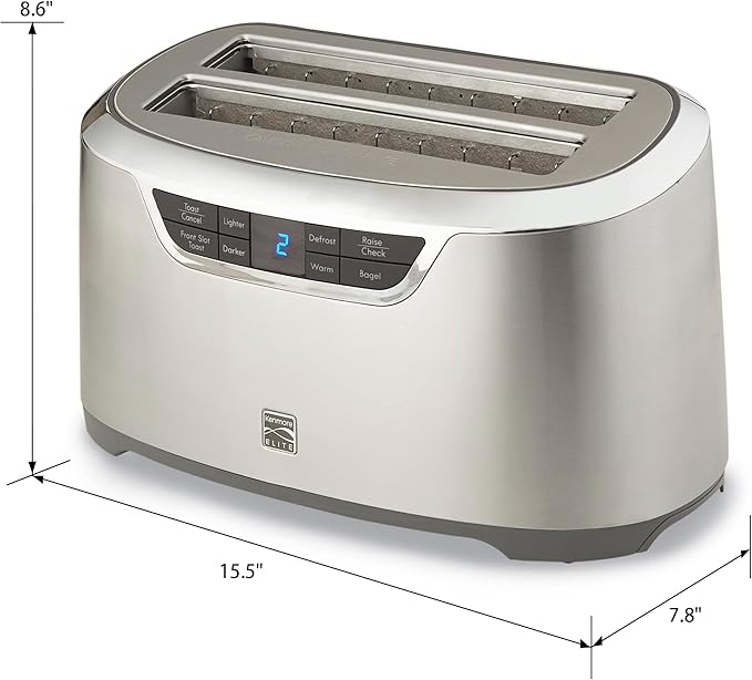 Kenmore Toaster 4 Slice - Extra Wide Slot Countertop Kitchen Appliance, Defrost Function, Grille-Pain, 9 Shade Settings, Easy Clean Crumb Tray, Bread Bagel, Stainless Steel & White (Silver)