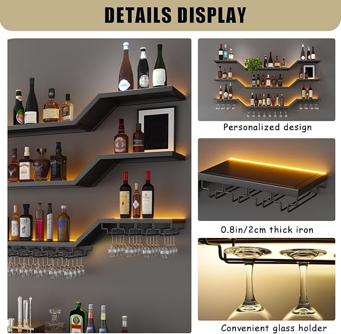 63in Modern LED Wine Rack Wall Mounted, 3-Tier Floating Bar Shelves with Wine Glass Rack, Large Hanging Liquor Shelf Wall Mounted, for Home Bar Dining Room Cafe Decorative (Black, 63in/160cm)