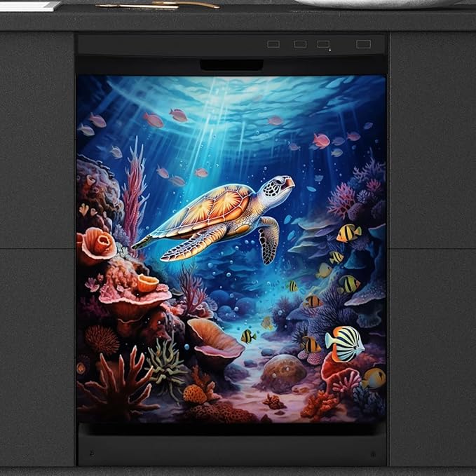 Marine Animals Sea Turtle Starfish Dishwasher Magnet Cover for Door Front, Dishwasher Panel Decal Reuseable Refrigerator Magnet Cover Decal Fridge Stickers Home Decor, 23 x 26 Inch