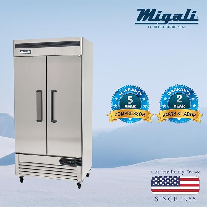 Migali C-2RB-35-HC Two Door Reach-In Refrigerator, 35 cu/ft Space Saving, Stainless Steel Interior and Exterior, Auto Defrost, Door Locks