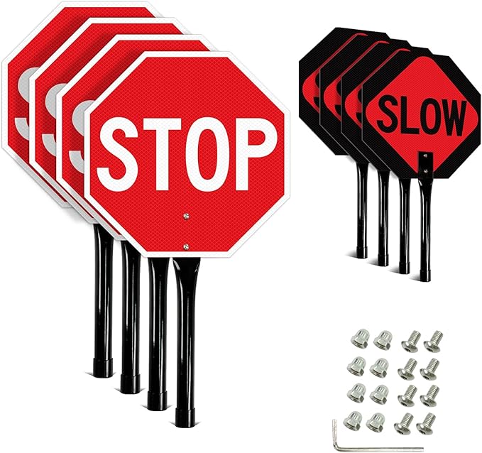 GicnKeuz Stop Slow Sign with Metal Handle, 13x13 inches Double Sided Slow/Stop sign, Traffic Reflective Aluminum Sign, Fade Resistant/Waterproof, Easy to Mount (4 Pack)