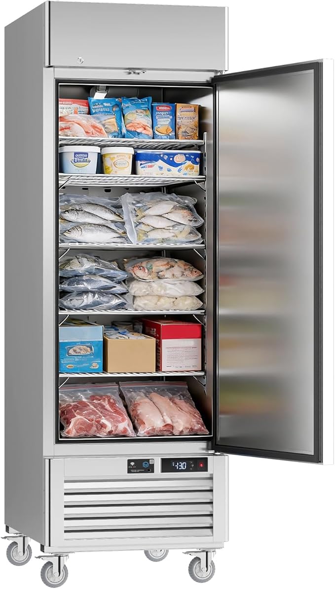VEECOOL 27" WiFi Enabled Commercial Freezer Upright with App Control, 23 cu.ft. Stainless Steel Single Door Reach-in Freezer with 4 Shelves, Right Hinged Door, Auto Defrost, ETL&ETL Sanitation