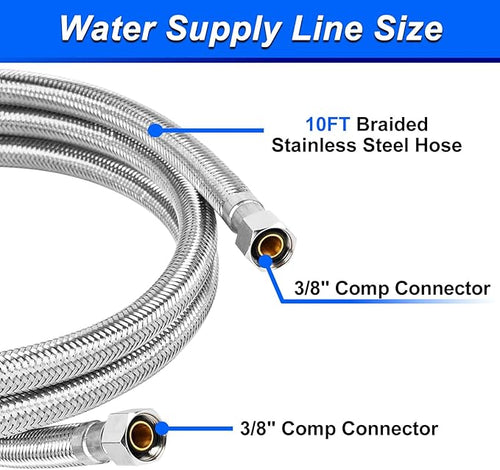 10FT Stainless Steel Braided Water Supply Line for Dishwasher, Brass 3/8 Inch Compression x 3/8 Inch Compression Connections, Food Grade PEX Inner Tube Water Hose