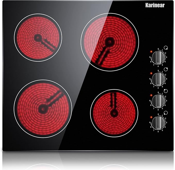 Karinear 4 Burner Electric Cooktop 24 Inch, Built-in Stove Top, 220-240v Radiant Cooktop with Knob Control, Residual Heat Indicator, Over-Temperature Protection, Hard Wire(No Plug)
