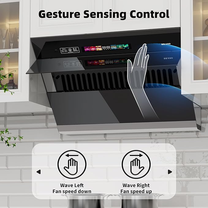 BRANO Range Hood 36 inch with 900CFM, Voice/Gesture Sensing/Touch Control Panel, Unique Side-Draft Design for Under Cabinet Modern Kitchen Hood, Ducted/Ductless Convertible