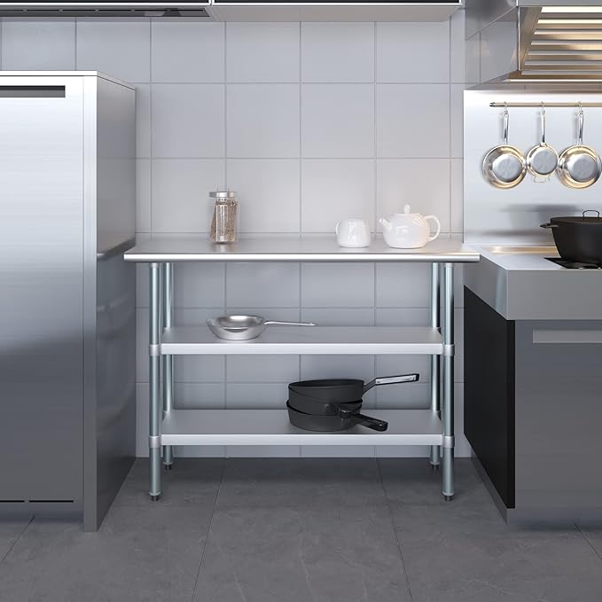 AmGood Stainless Steel Work Table with 2 Shelves | NSF | Metal Utility Table (48" Long x 18" Deep)