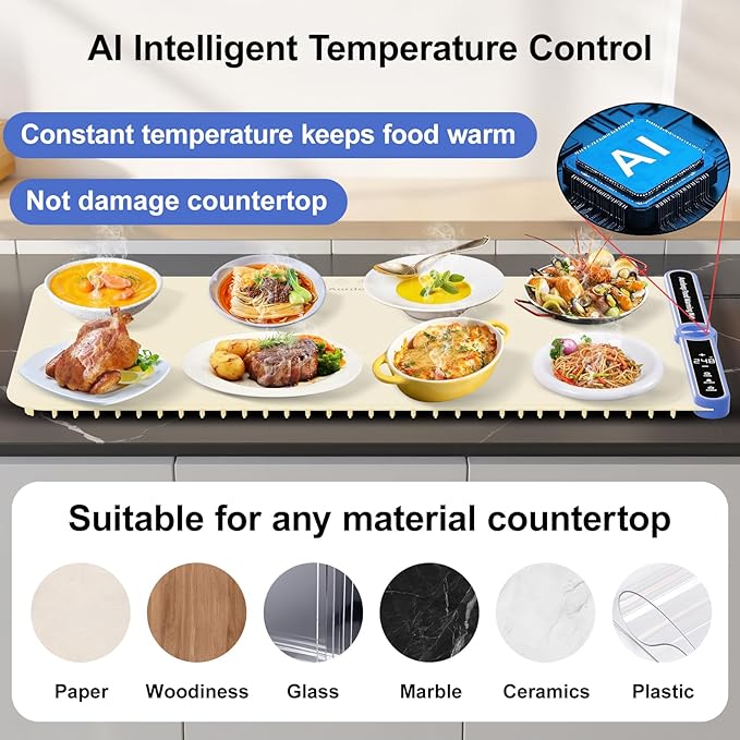 Warming Mat for Food Large Silicone Food Warmers for Parties Buffet L:32''X15'' 450W Max 248°F Portable Rolled-up Even Heating in 8S 9-Level Temp Auto Power Off Child Lock-Beige
