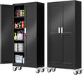 71''H Tall Metal Garage Storage Cabinet with Wheels,Steel File Cabinets with 2 Doors and 4 Adjustable Shelves for Home Office, Warehouse, Required Assembly,Black