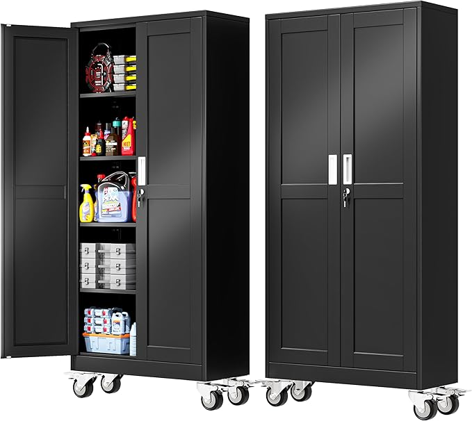 71''H Tall Metal Garage Storage Cabinet with Wheels,Steel File Cabinets with 2 Doors and 4 Adjustable Shelves for Home Office, Warehouse, Required Assembly,Black