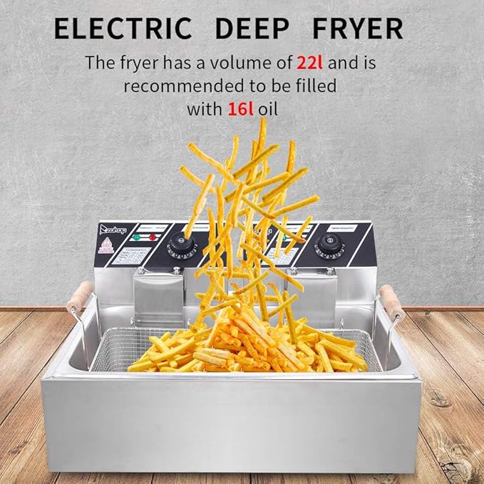 23.3QT/22L Commercial Deep Fryer with Basket and Lid, 5000W Electric Fryer, Countertop Oil Fryer for French Fries, Onion Rings, Donuts, Temperature Adjustable 140-392℉, Stainless Steel Single Tank