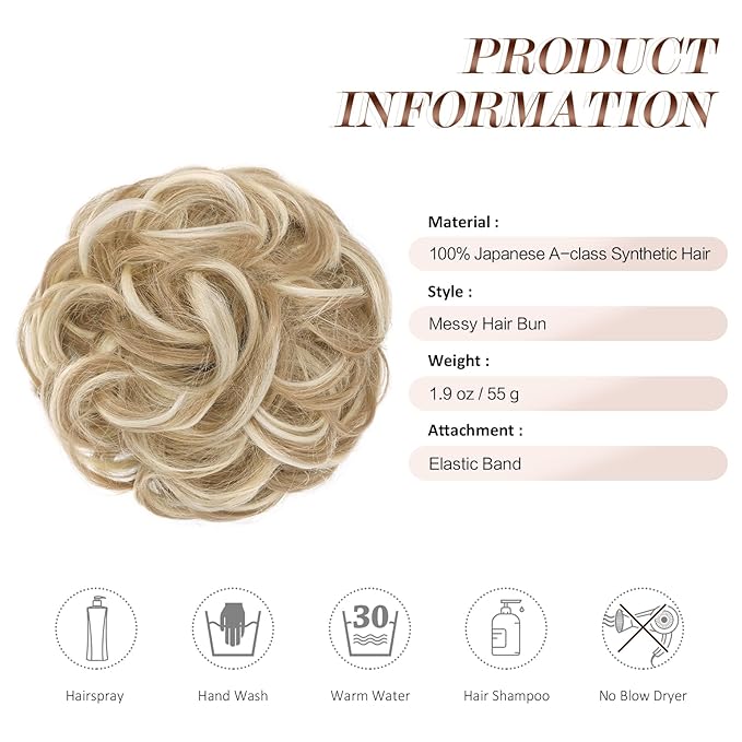 FESHFEN Large Messy Bun Hair Piece - Wavy Synthetic Chignon Scrunchies Elastic Ponytail Hair Extensions Thick Hairpieces for Women, Dirty Blonde 1.94oz