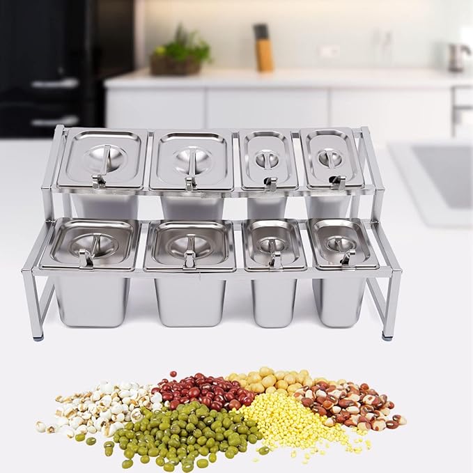 Pizza Topping Station Organizer Condiment Container Dispenser with 8 Pans & Lids, Stainless Steel Ingredients Food Container Countertop Spice Rack Shelf Holder for Seasoning Sauce Salad Jam Fruits