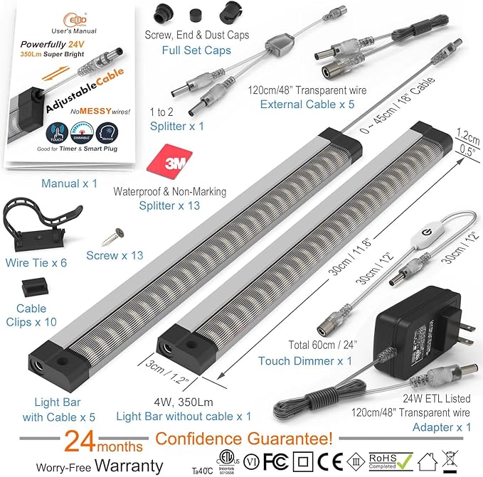 LED Under Counter Lights for Kitchen Touch Under Cabinet Lighting Built-in Adjustable Cable No Messy Wires! 6 Pcs Cabinet Light 3000K 2700Lm 5 External-Cable for Garage Pantry Closet Timer Smart Plug