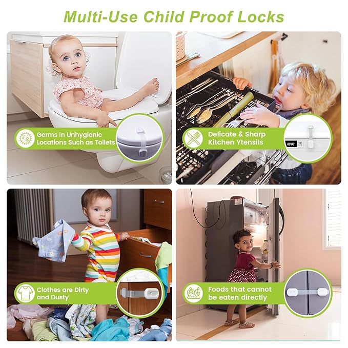 Matenf Child Proof Cabinet Locks (4 Packs), Baby Toddlers Locks for Drawers, Refrigerator Safety Latches for Kids Pets, Durable Safe ABS Material Strong Adhesive, No Drill Tool Needed Easy to Use