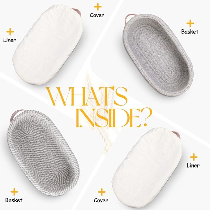 Banneton Bread Proofing Basket - Cotton Oval Banneton Basket Set of 2 Sourdough Proofing Baskets Round Proofing Bowls Handmade Rattan Baskets and Liners