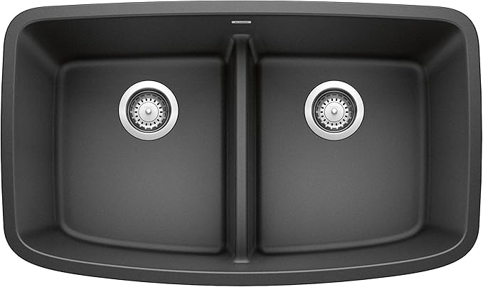 BLANCO, Anthracite 442200 VALEA SILGRANIT 50/50 Double Bowl Undermount Kitchen Sink with Low Divide, 32" X 19"
