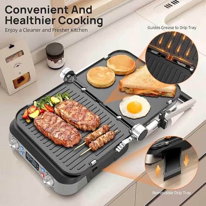 6-in-1 Griddle and Indoor Grill, 14’’ Electric Grill, For Steak, Burger, Eggs, Smokeless Pancake Griddle, Nonstick Removable 450°F Dual Adjustable Grill Plates, 90-Minute Timer, Dishwasher Safe