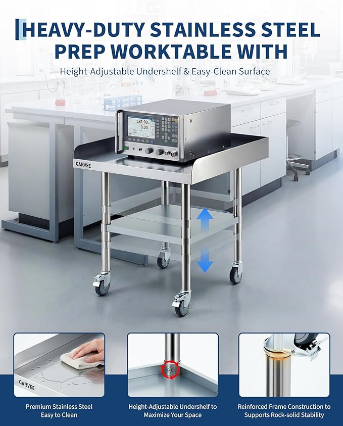 Garvee Stainless Steel Work Table, 30x30x26 Inch Commercial Food Prep Worktable with Wheels, Fixed 3-Sided Backsplash & Height-Adjustable Shelf, Heavy Duty Workbench for Kitchen Restaurant Garage
