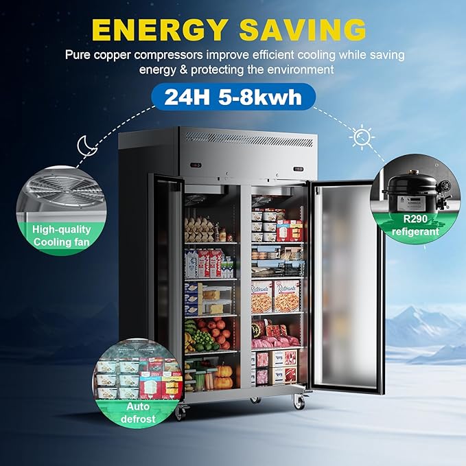 48"W 2 Door Commercial Refrigerator and Freezer Combo 38 Cu.ft Freezer for Restaurant, Bar, Shop Upright, Stainless Steel Reach-in, ETL and DOE Approved