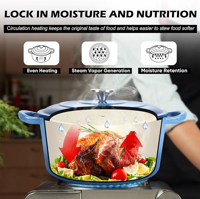 TeamFar 5Qt Dutch Oven, Enameled Cast Iron Dutch Oven with Lid & Dual Handles for Cooking Baking Braising Simmering, Healthy & Sturdy, Oven & Various Stovetops Safe, Non-stick & Easy Clean - Blue