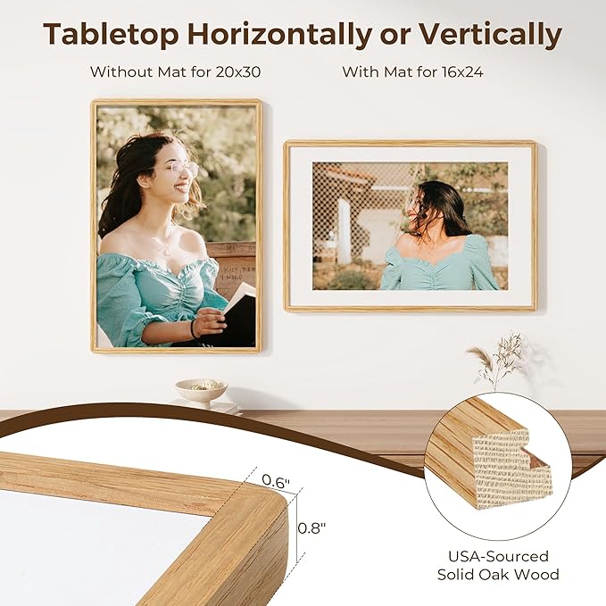20x30 Picture Frame, 20 x 30 Poster Frame - Solid Oak Wood, 20 by 30 Frame with Tempered Glass, 20"x30" Wood Frame with Mat for 16"x24", Minimalist 20x30 Frames for Wall, Natural Oak Color, 1 Pack