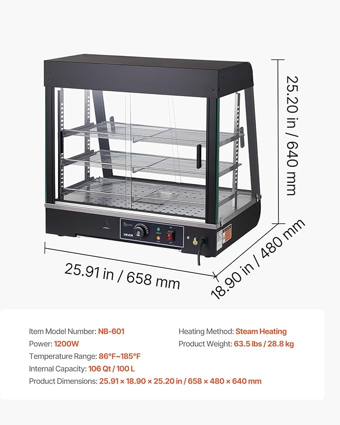 VEVOR 3-Tier Commercial Food Warmer Display, 1200W Food Display Warmer with LED Light, Top Storage and Adjustable Shelves, 86℉~185℉ Steam Heating, 106Qt/100L for Hamburger, Pizza, Bread, Fried Chicken