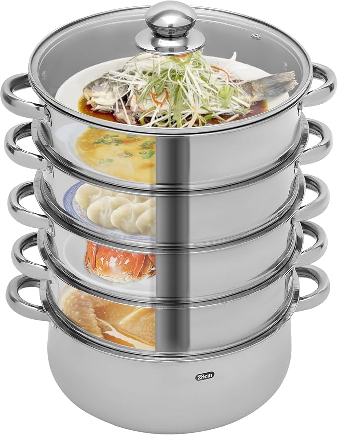 5 Tier Stainless Steel Steamer Cooker, 28cm Steam Pot Kitchen Food Cooking + Glass Lid Meat Vegetable Cooking Steam Pot Kitchen Cookware Food Steamer for Home Kitchen