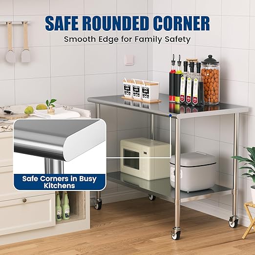 Stainless Steel Work Table with Wheels, 30x60 Inch NSF Kitchen Prep Table with Adjustable Undershelf for Commercial Restaurant, Garage, Outdoor BBQ