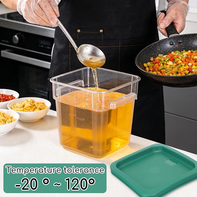 6-Pack 8 Quart Food Storage Container with Lid, Commercial Grade Square Polycarbonate 8 Qt Container with Lid, Handles & Measurement Scales, Airtight Stackable for Kitchen, Restaurant & Home Use