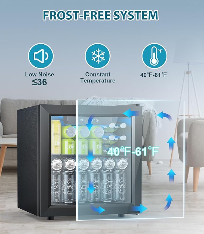 50 Cans Beverage Refrigerator Cooler, 1.3 Cu.ft Mini Fridge Countertop Drink Cooler with Glass Door for Beer, Soda,Wine, Adjustable Digital Temperature Control for Home Dorm Bar, Black
