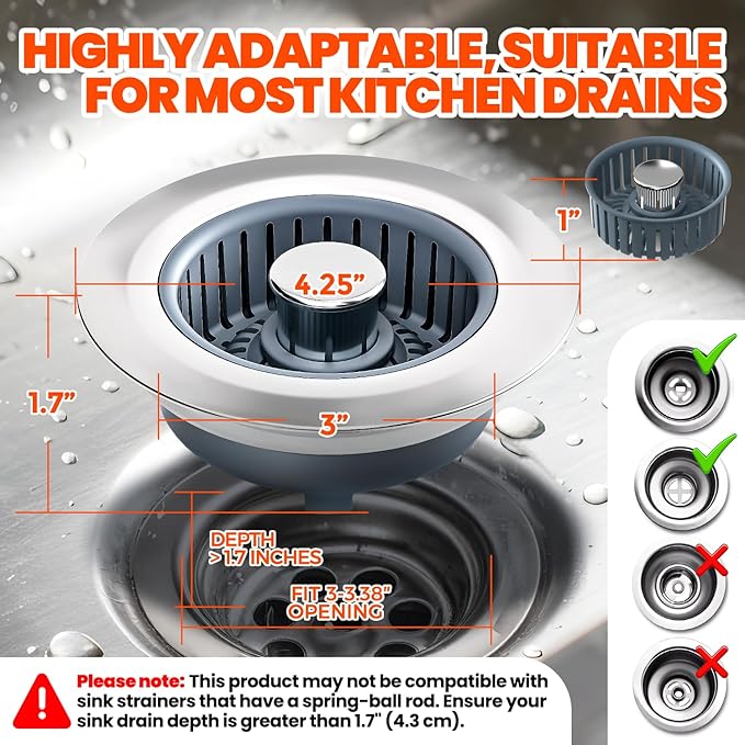 Kitchen Sink Drain Strainer - Upgraded Kitchen Sink Stopper,Sink Stopper Kitchen Drain,Stainless Steel Drain Plug with Anti-Clog Basket Drain Stopper Combo,for Standard 3-1/2'' Drain,Grey