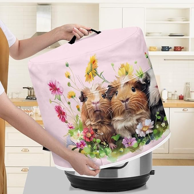 Cute Guinea Pig Pressure Cooker Cover Kitchen Appliance Dust Cover with Pockets and Top Handle, Black, Polyester Blend, Waterproof