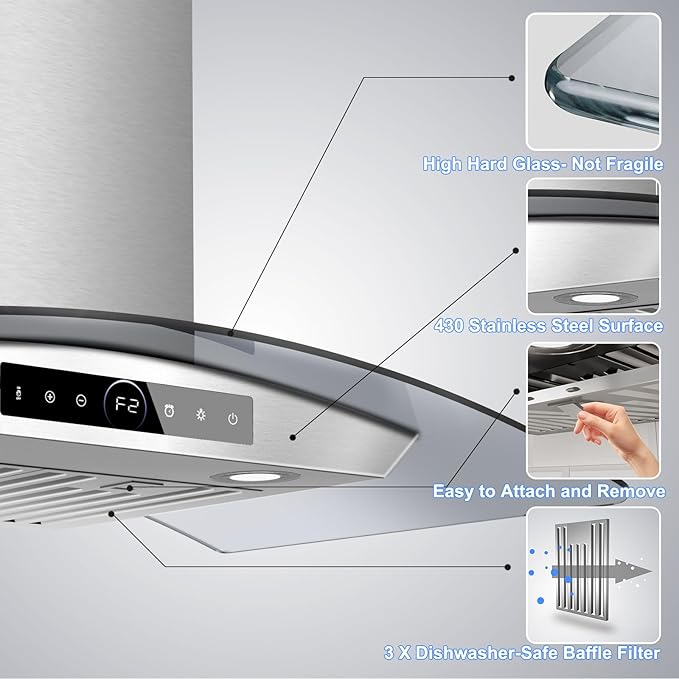 30 inch Wall Mount Range Hood, 1200 CFM with 4-Speed Gesture Sensing & Touch Control, Stainless Steel Kitchen Stove Vent Hoods with 2 LED Lights, Time Setting, Dishwasher-Safe Baffle Filters