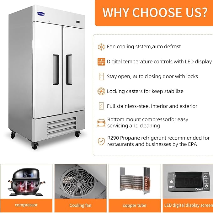 39.5" W Commercial Refrigerator with 2 door Stainless Steel 35 Cu. Ft Reach-in Refrigerator 6 Adjustable shelves Fan Cooling Fridge for Restaurant, Commercial Kitchen, Shop, ETL Certification