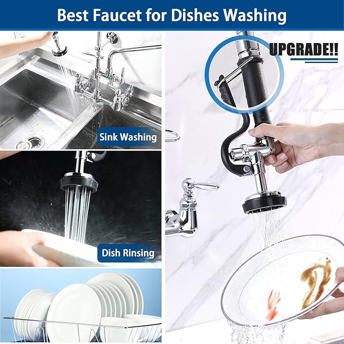 Commercial Sink Faucet with Sprayer, Wall Mount, 12' Swing Spout, 8 Adjustable Center, 25' Height for Restaurant Compartment Sink, Industrial, Chrome