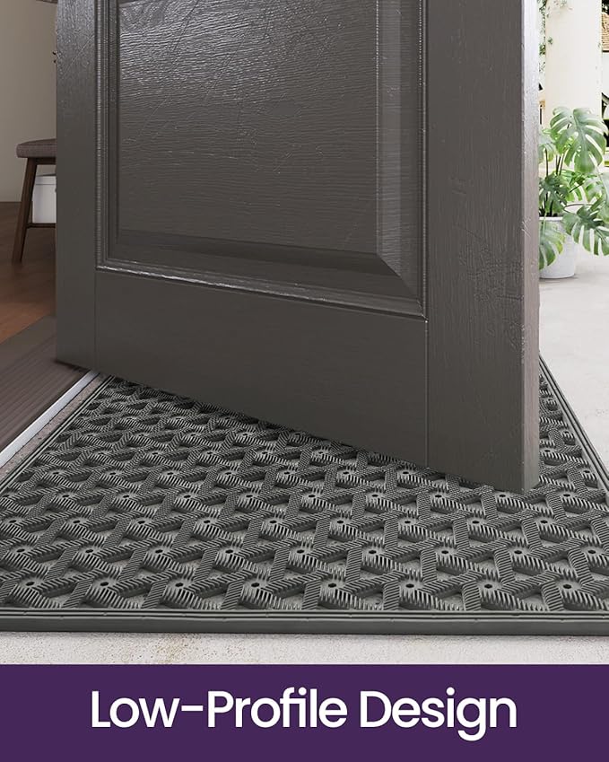 DEXI Front Door Mat Outside Entrance Rubber 19x30, Welcome Floor Doormat Heavy Duty Non Slip, Dirt Trapper Waterproof Exterior Entry Mats All Weather for Patio Entryway Drainage, Grey