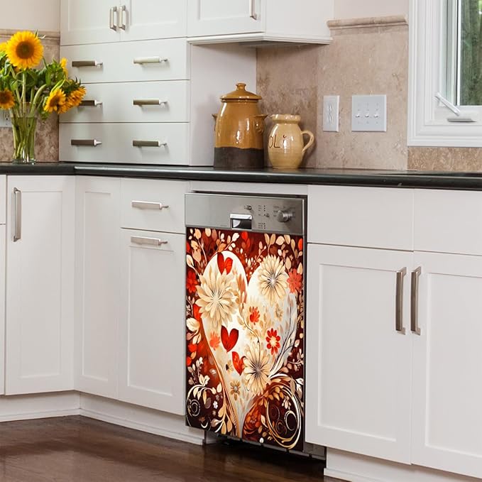 Valentine's Day Love Flowers Dishwasher Magnet Cover, Reusable Refrigerator Panel Stickers Microwave Front Door Covers Magnets for Kitchen Home Appliances Holiday Party Decorations 23 X 26 in