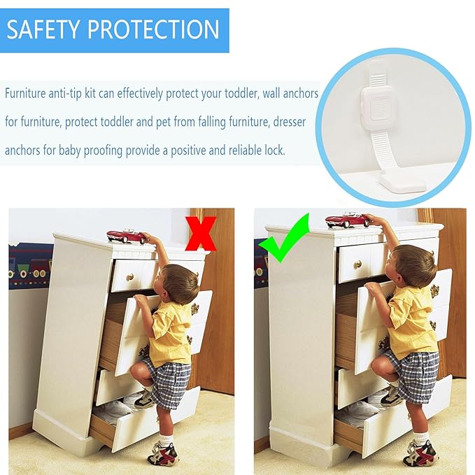 YEYA Upgraded No Drill Furniture Anchors for Baby Proofing, Anti-Tip Adjustable Straps, Strong Adhesive Backing 4 Pack