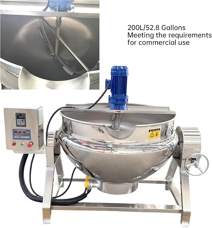 Kolice Commercial Electric Jacketed Cooking Kettle Machine with Mixer, Automatic Tiltable Pot for Soup/Chilli Sauce/Jams, 200L 52.8Gallon Capacity, 304 Stainless Steel, 220v 3-Phase 60hz