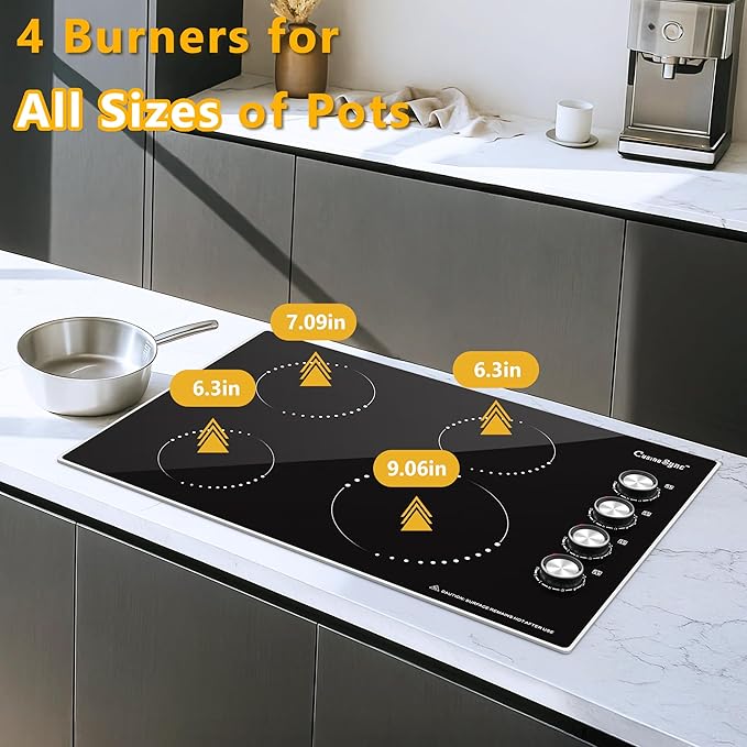 30 Inch Induction Cooktop, 4 Burner Electric Cooktop with 9 Power Levels, Knob Control, Auto shutdown and Residual Heat Warning, 6500W, 220-240V for Hard Wire