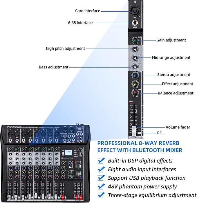 Depusheng DT8 Professional Mixer Sound Board Console 8 Channel Desk System Interface Digital USB Computer MP3 Input 48V Phantom Power Stereo DJ Studio FX Steel Chassis,Black