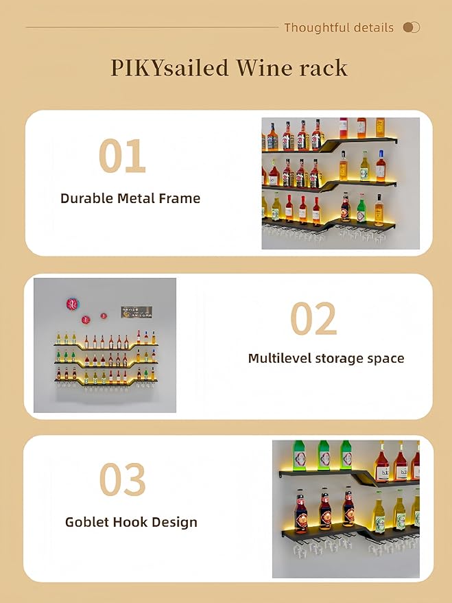 78.7" Wall Mounted LED Wine Rack, 3-Tier Floating Bar Shelves, Large Liquor Shelf with Wine Glass Rack, Large Bar Rack Wall Mounted for Liquor Bottles, Home Bar, Dining Room or Cafe, Black