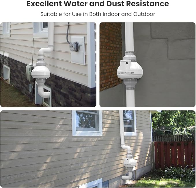 BaseAire 4 Inch 237 CFM Radon Mitigation Fan, Quiet Energy Efficient Radon System, RadonEx 15F Crawlspace or Slab Application, Waterproof Exhaust Fan for Indoor Outdoor Ventilation, 1500 Square Feet