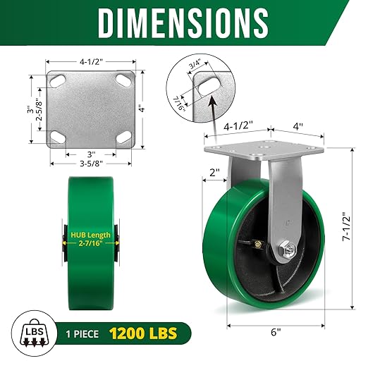 6 Inch Caster Casters, Heavy Duty Caster with Strong Load-Bearing, Polyurethane Caster on Steel Hub, Supports 1200 lbs Each(2 Pack Rigid)