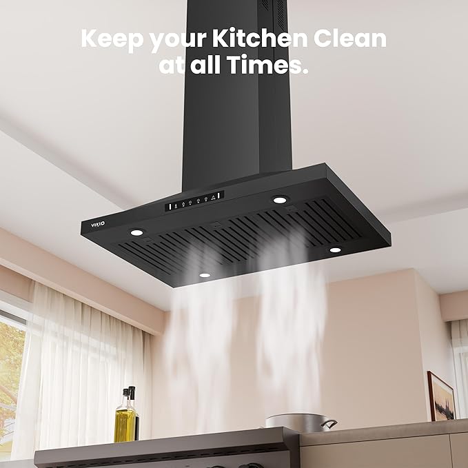 Island Range Hood 36 Inch, 390 CFM kitchen Hood with Dual-Sided Touch/Gesture Control, Ceiling Mount Kitchen Vent Hood, Convertible Ducted/Ductless, 3-Speed Fan&4 LED Lights, 3 Baffle Filters, Black